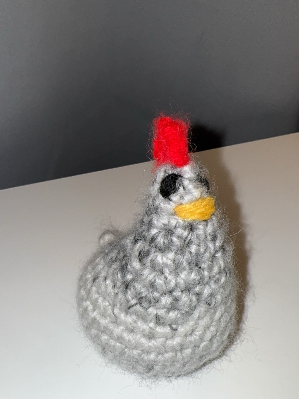 Gray Crochet Chicken Plush Toy with Red Comb and Yellow Beak